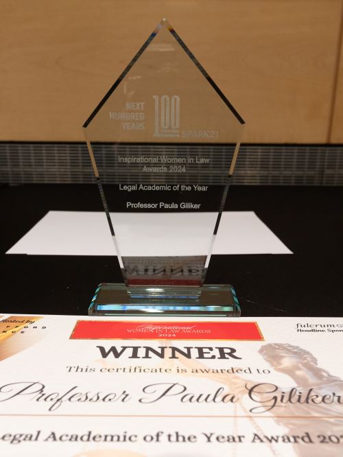 Professor Paula Giliker’s certificate and trophy for winning the Legal Academic of the Year Award at the Next 100 Years Inspirational Women in Law Awards ceremony, November 2024.